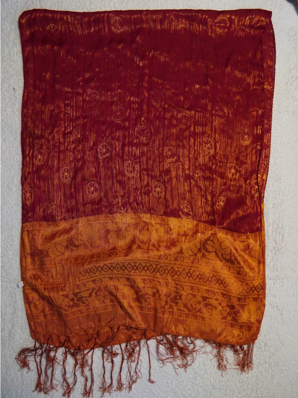 Rich Maroon and Burnt Orange Tassel Scarf 100% Silk